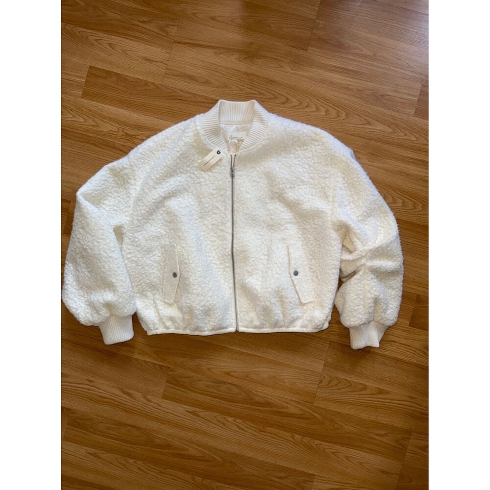 NWT Anthropologie Cream Sherpa Bomber Jacket Cozy Zip Front Coat Large - Picture 2 of 12